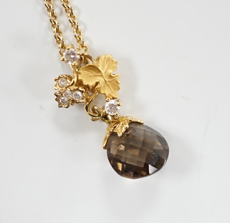 A modern Carera Y Carera 750 yellow metal, smoky quartz and diamond set drop pendant necklace, overall 46cm, gross weight 6.4 grams.